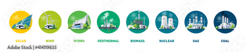 Electricity generation source types. Energy mix solar, water, fossil, wind, nuclear, coal, gas, geothermal and biomass. Renewable power plants station resources. Natural, thermal, hydro and chemical. photo