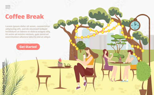 Coffee break morning breakfast concept landing page, character female drink tea rest luncheon meeting group people, cartoon vector illustration. Website online business banner, internet page home.