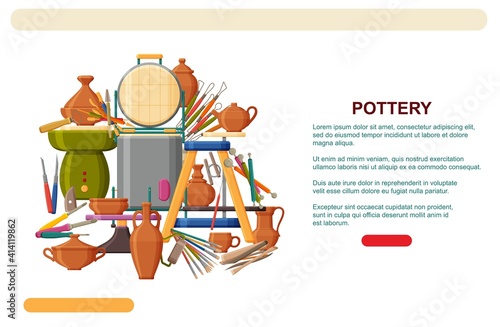 Pottery tools, equipments and clay dishes. Muffle furnace and wheel. Pottery studio web banner template or landing page. Vector illustration