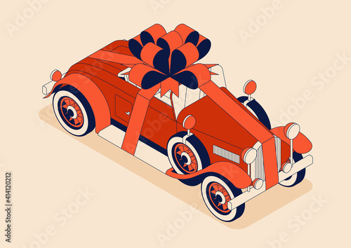 Retro car convertible with huge bow. Vintage car from 30s in red color. Greeting card for a holiday like birthday. Vector illustration