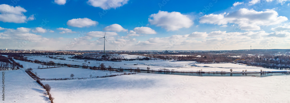 View of the snow-covered skyline of Duisburg on a sunny winter day from above View of the snow-covered skyline of Duisburg on a sunny winter day from above