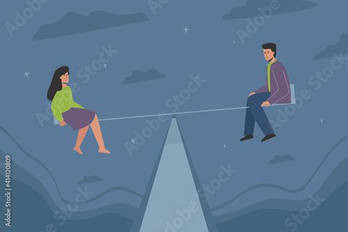 A man and a woman on a swing, a metaphor for manipulation in a couple. The dependence of partners on each other, the change of roles and pressure in the relationship, gender imbalance, . Flat vector.