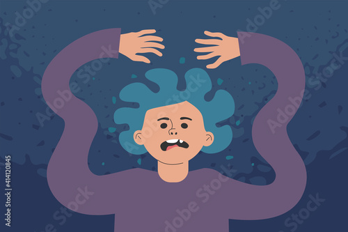 A sad character feels anxiety, fear, or a panic attack. Mental disorder, neurosis, and confusion in consciousness. Flat vector illustration.