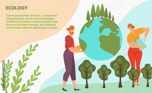 Ecology activist plants green tree concept landing page, ecocare cartoon vector illustration. Website online banner earth globe, internet page home, couple male female character with watering can. photo