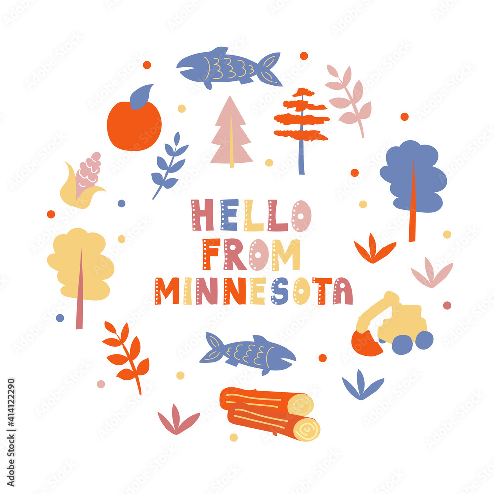 USA collection. Hello from Minnesota theme. State Symbols round shape card USA collection. Hello from Minnesota theme. State Symbols round shape card
