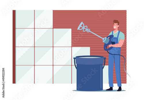 Worker or Handyman Contractor in Uniform and Helmet Stand at Bucket Mixing Cement Mortar for Ceramics Tile Laying