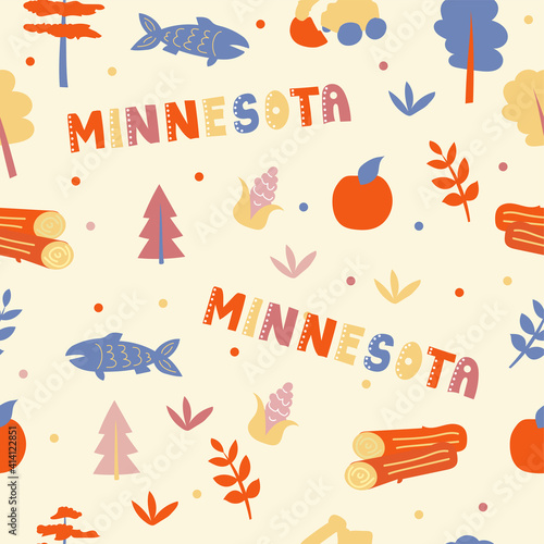 USA collection. Vector illustration of Minnesota theme. State Symbols - seamless pattern