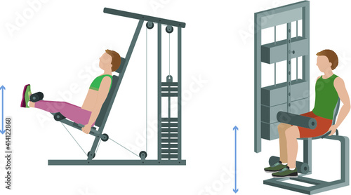 Woman doing leg extensions and man using flexion chair - illustration