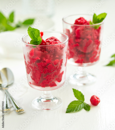 Raspberry sorbet (granite) with champagne. Selective focus