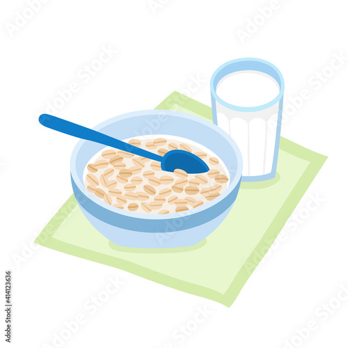 Cartoon breakfast bowl with cereal and milk isolated on white.