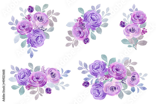 Watercolor purple roses bouquet collection