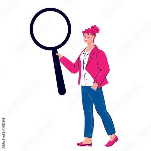 Business woman with huge magnifying glass as metaphore of explore, reseach and informartion seeking, cartoon vector illustration isollated on white backgound. © Anastasia