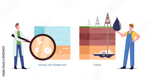 Scientist and Worker Characters Presenting Oil and Gas Natural Formation Time Line from Million Years Ago to Today