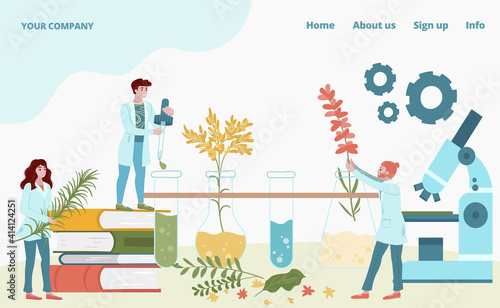 Laboratory medication drug from plants male female tiny character research fellow concept landing page, cartoon vector illustration. Website online banner, internet page home, skin care cosmetics.