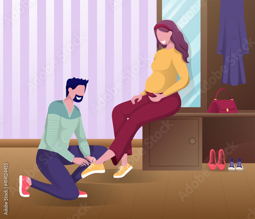 Husband helping a pregnant wife. Pregnancy assistance in family couple. Man ties the shoelaces on his girlfriend's shoes. Cartoon colorful flat illustatrion. 