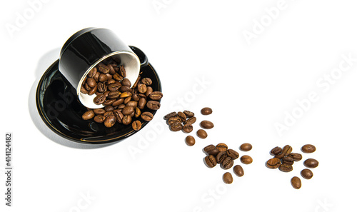 Coffee beans, a coffee cup.