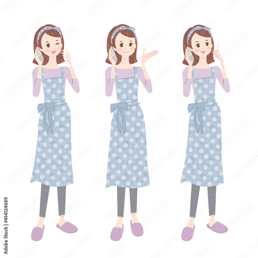 スマホで話すエプロン姿の女性の表情セット スマホで話すエプロン姿の女性の表情セット