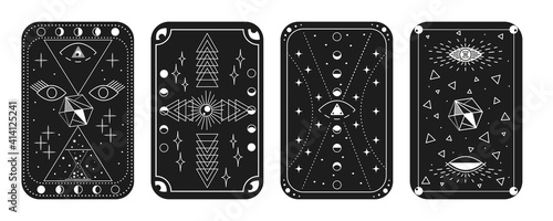 Template of drawings for Tarot cards. Set of magic items, hourglass, crystal. Opening of third eye of soul, phases of moon, celestial spheres, stars. Vector illustration for design of esoteric science