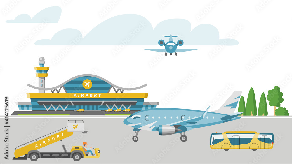 Concept airport banner, airstrip with passenger aircraft, service airfield vehicle cartoon vector illustration. Plane land international terminal, bus picks up tourist. Travel around global earth.