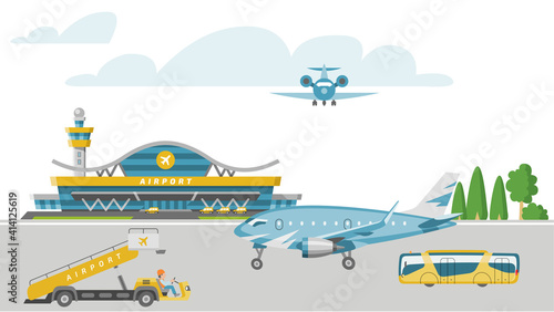Concept airport banner, airstrip with passenger aircraft, service airfield vehicle cartoon vector illustration. Plane land international terminal, bus picks up tourist. Travel around global earth.