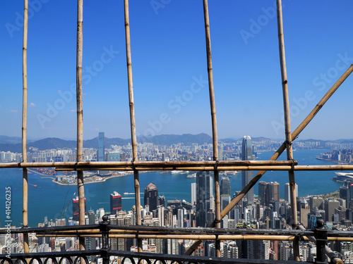 Bamboo scaffolding structure at the Peak of Hong Kong, overlooking Victoria Harbor