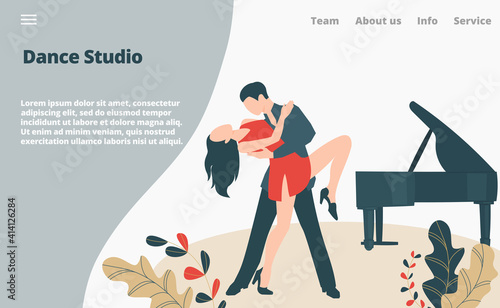 Dancer dance modern style, couple professional artist performer tango, landing page concept flat vector illustration. Website online text banner, pair man woman standing near piano.