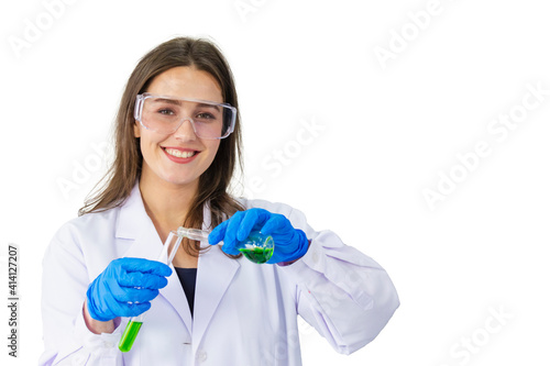 female scientist wearing blue safety glasses and smiling with hold beaker chemical isolated
