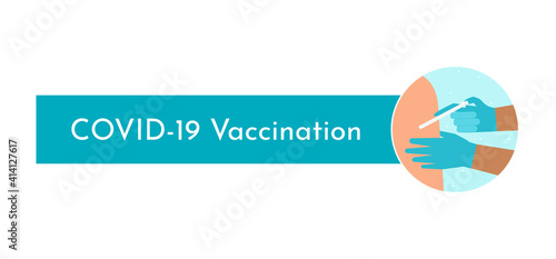Vector isolated concept. Template to article about COVID-19 (Coronavirus) vaccination. Round background with nurse's hands. Doctor holds syringe and gives antiviral injection with vaccine to patient