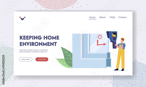 Window Pvc Profile Landing Page Template. Tiny Worker Character at Glass Cross Section Measuring Temperature