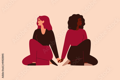 Two strong women sit together and hold arms. Fearless girls support and help each other. Friendship poster, the union of feminists and sisterhood. Vector illustration