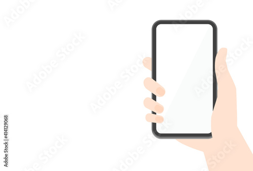 スマートフォンのモックアップ素材：黒いスマホを持つ人の手と白いコピースペース付きの画面