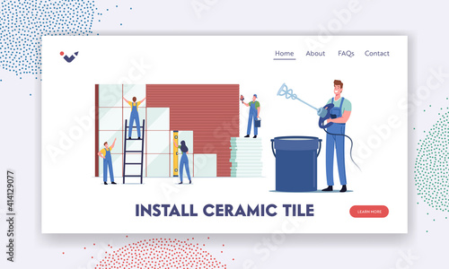 Tiny Workers Characters Laying Huge Ceramic Landing Page Template. Construction and Home Renovation Works