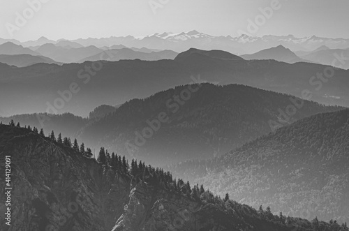 Beautiful black and white alpine summer view at the famous Hochfelln summit, Bergen, Bavaria, Germany photo