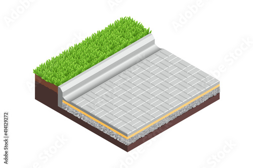 Vector illustration street pavement isolated on white background. Technical details of a street pavement in flat cartoon style. 3D isometric layered diagram of a street pavement. Sidewalk. Street tile