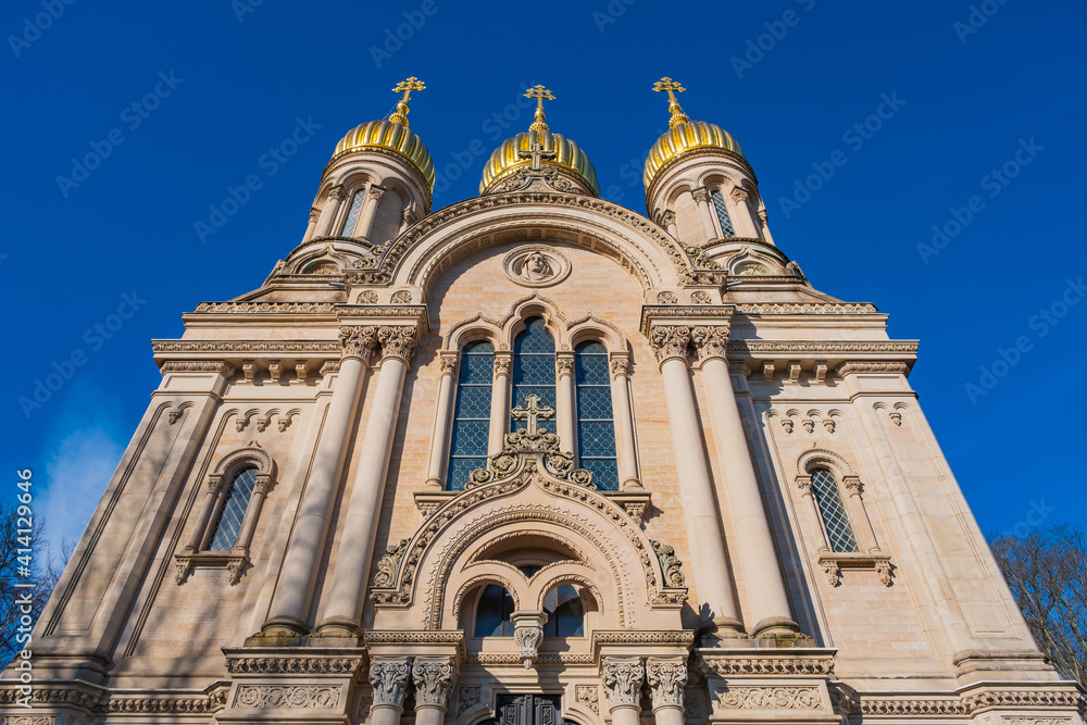 View up the facade of the Russian Orthodox Chapel in Wiesbaden / Germany on the Neroberg