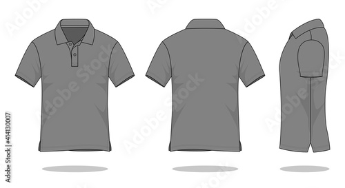 Blank gray short sleeve polo shirt template on white background. Front, back and side view, vector file