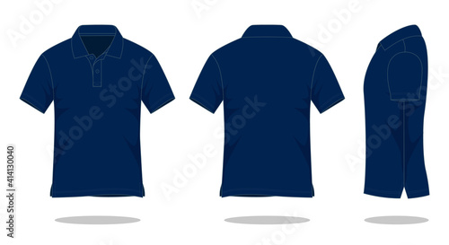 Navy blue short-sleeve polo shirt template on gray background. Front, back, and side views, vector file.