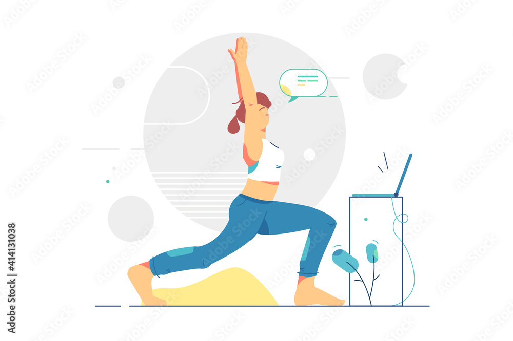 Woman doing morning yoga in suit vector illustration. Girl stretching body with hands up at home flat style. Healthy lifestyle, sport and activity concept. Isolated on white background Woman doing morning yoga in suit vector illustration. Girl stretching body with hands up at home flat style. Healthy lifestyle, sport and activity concept. Isolated on white background