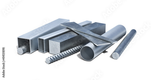Set of short aluminium and metal shapes and tubes and rebar on a white background, 3d illustration