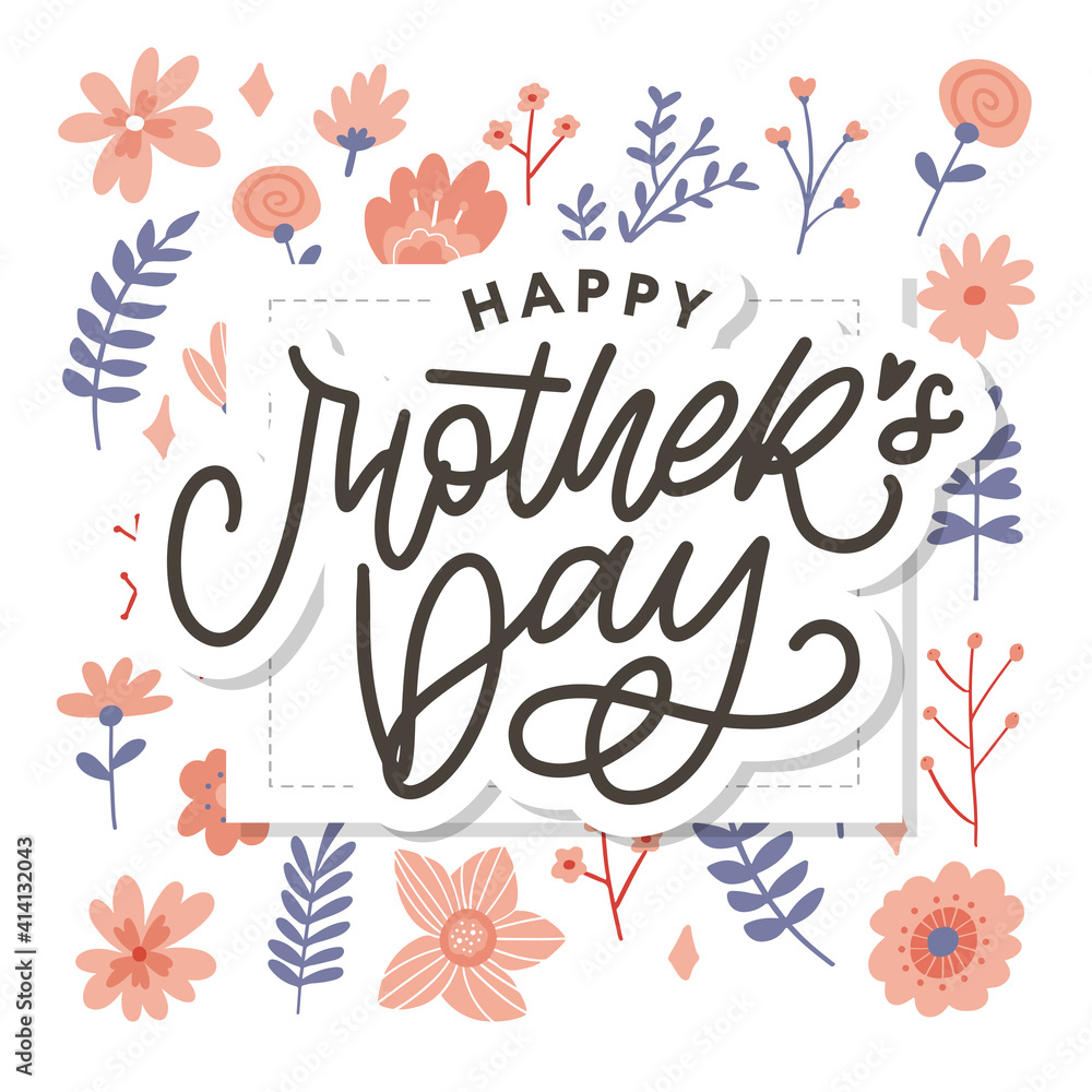 Elegant greeting card design with stylish text Mother's Day on colorful flowers decorated background.
