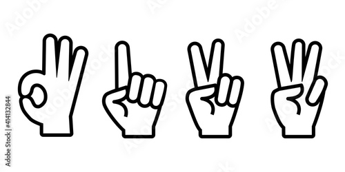 Hand counting zero one two three line icon set. Clipart image isolated on white background