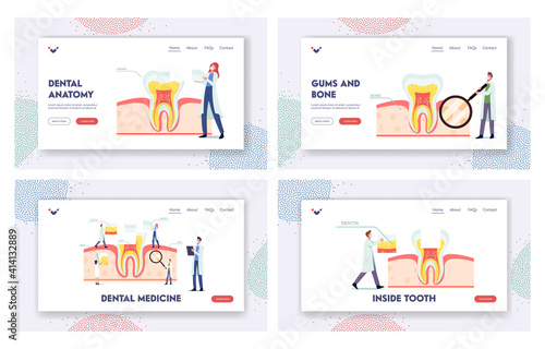 Teeth Anatomy and Structure Landing Page Template Set. Tiny Dentists Characters at Huge Tooth Infographics