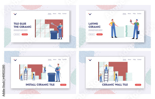 Tiny Workers Characters Laying Huge Ceramic Landing Page Template Set. Construction and Home Renovation Service