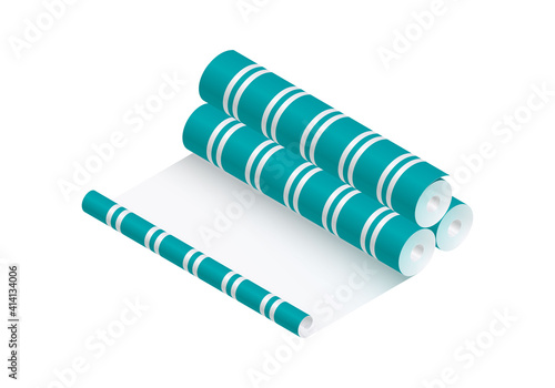 Isometric vector illustration striped wallpaper rolls isolated on white background. Realistic colorful rolls of wallpaper icon in flat cartoon style. Wallpaper sticking. Renovation and reconstruction.