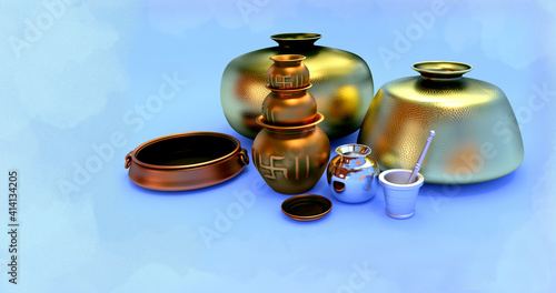 Indian style vintage Brass utensils with worship pots. 3d drawing.