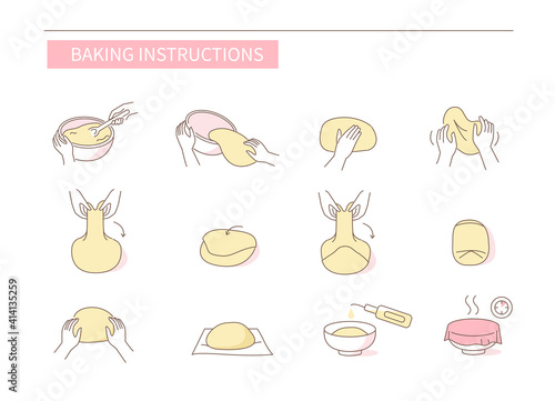 Instruction How to Prepare and Cook Dough for Bakery. Baking Ingredients, Utensil and Food Preparation Symbols. Dough Flour Recipe. Flat Vector Illustration and Icons set.
