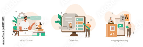 Various Online Education Icons. Students Having Video Call with Teacher, People Learning Languages Online, Man Filling Internet Test. Distance Learning Concept. Flat Cartoon Vector Illustration.

