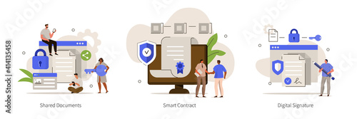 Characters using Cyber Security Services to Share Documents, Contracts and Protect Personal Data. Shared Document, Smart Contract and Cloud Shared Documents Concept. Flat Cartoon Vector Illustration. 