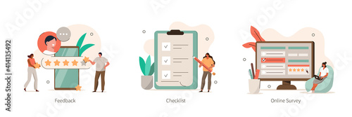 Various Online Survey and Rating Icons. Characters Filling Survey Form, putting Check Marks on Checklist and giving Five Star Feedback. User Experiences  Concept. Flat Cartoon Vector Illustration.