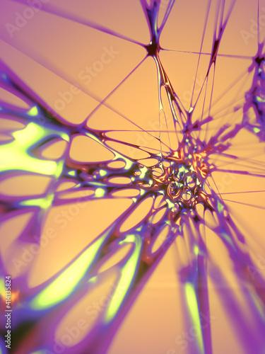 3d rendering illustration with rainbow fluid metal. Abstract template with a depth of field. Futuristic background